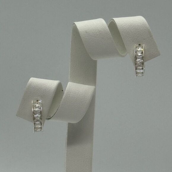 INC Silver Tone Crystal Baguettes Huggie Earnings - Picture 2 of 8